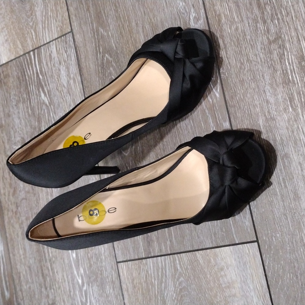 Bebe black satin open toe heels. Size 8
